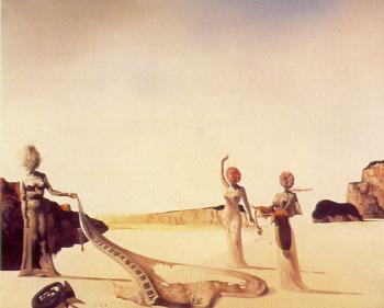 Salvador Dali : Therr Young Surrealist Women Holding in their Arms the Skins of an Orchestra